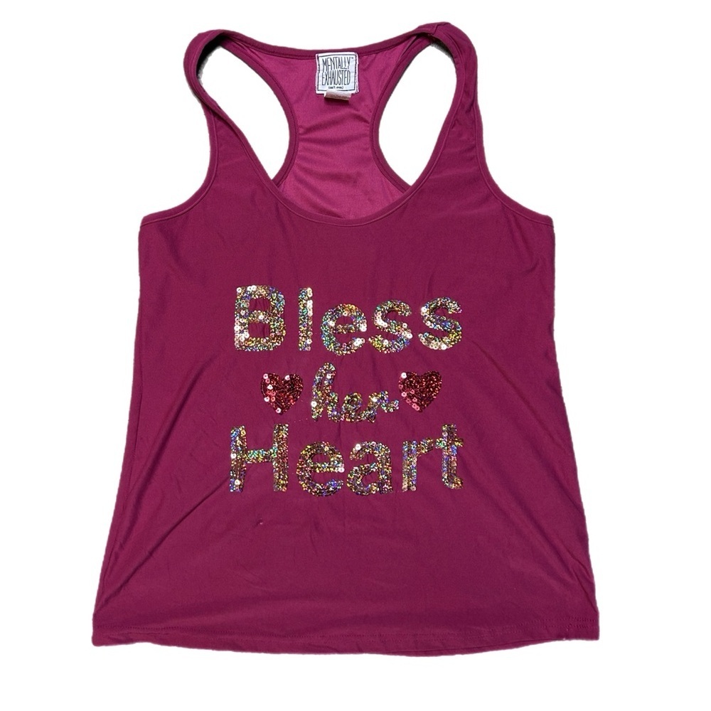 Mentally Exhausted "Bless Your Heart" Sequin Racerback Tank - Magenta